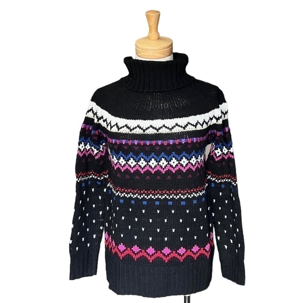 VINTAGE Grandma Print Black White Pink Fisherman TurtleNeck Women's Sweater. M